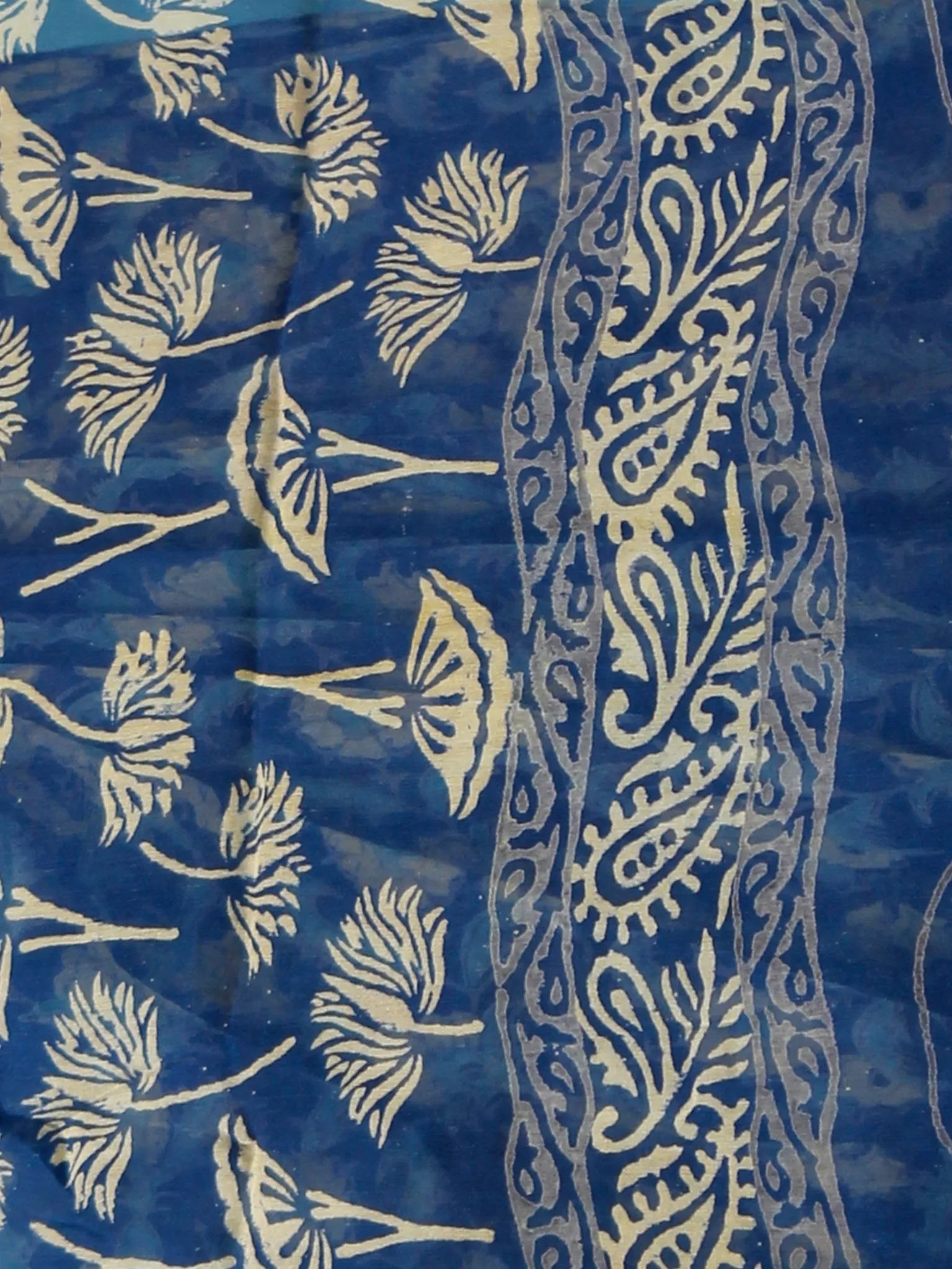 Indigo Lime Green Hand Block Printed Chiffon Saree with Zari Border - S031702815