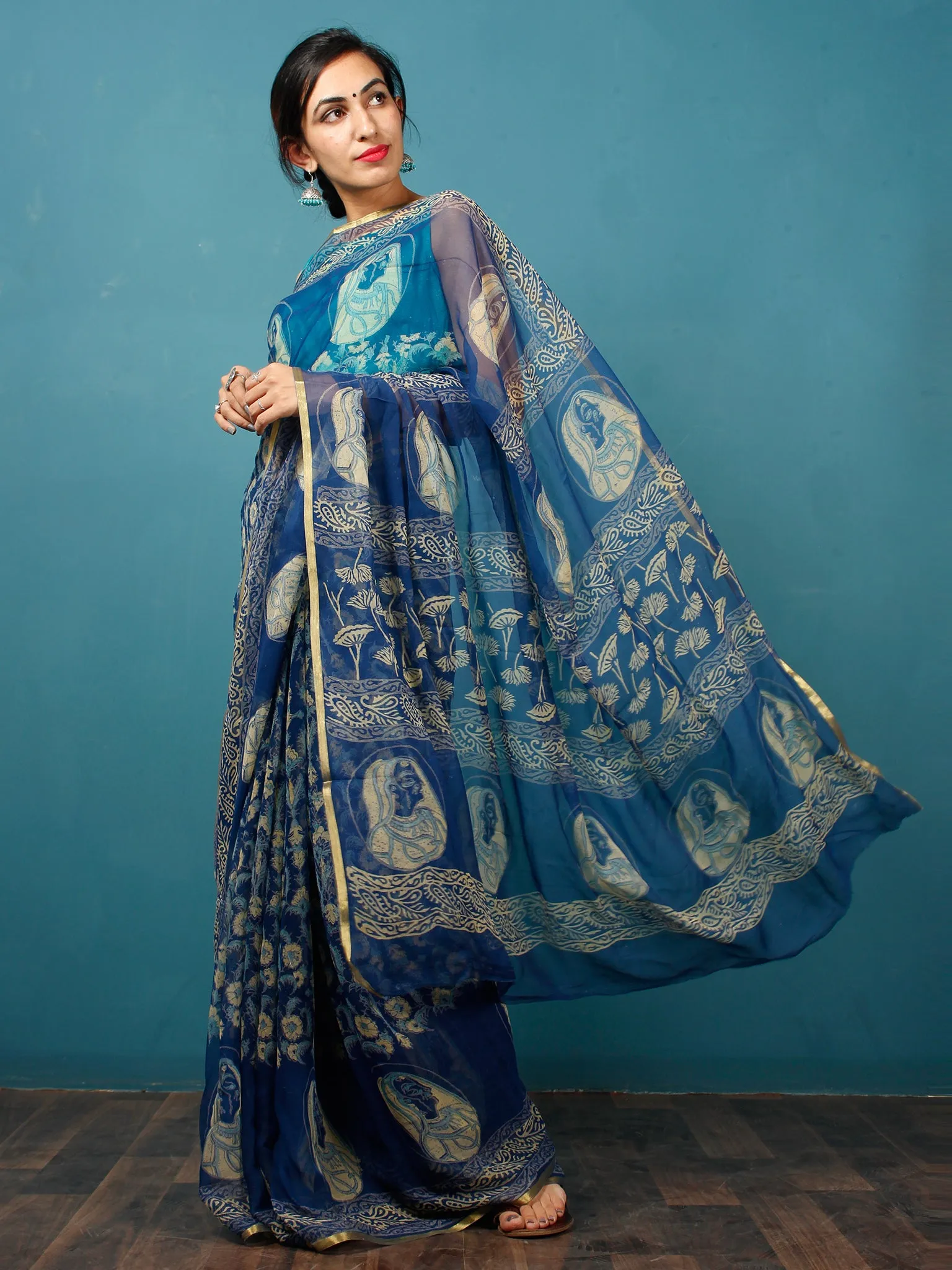 Indigo Lime Green Hand Block Printed Chiffon Saree with Zari Border - S031702815