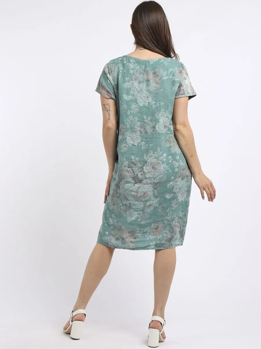 Italian Classic Shift Soft Floral Ocean Blue Linen Dress Sz 10-16