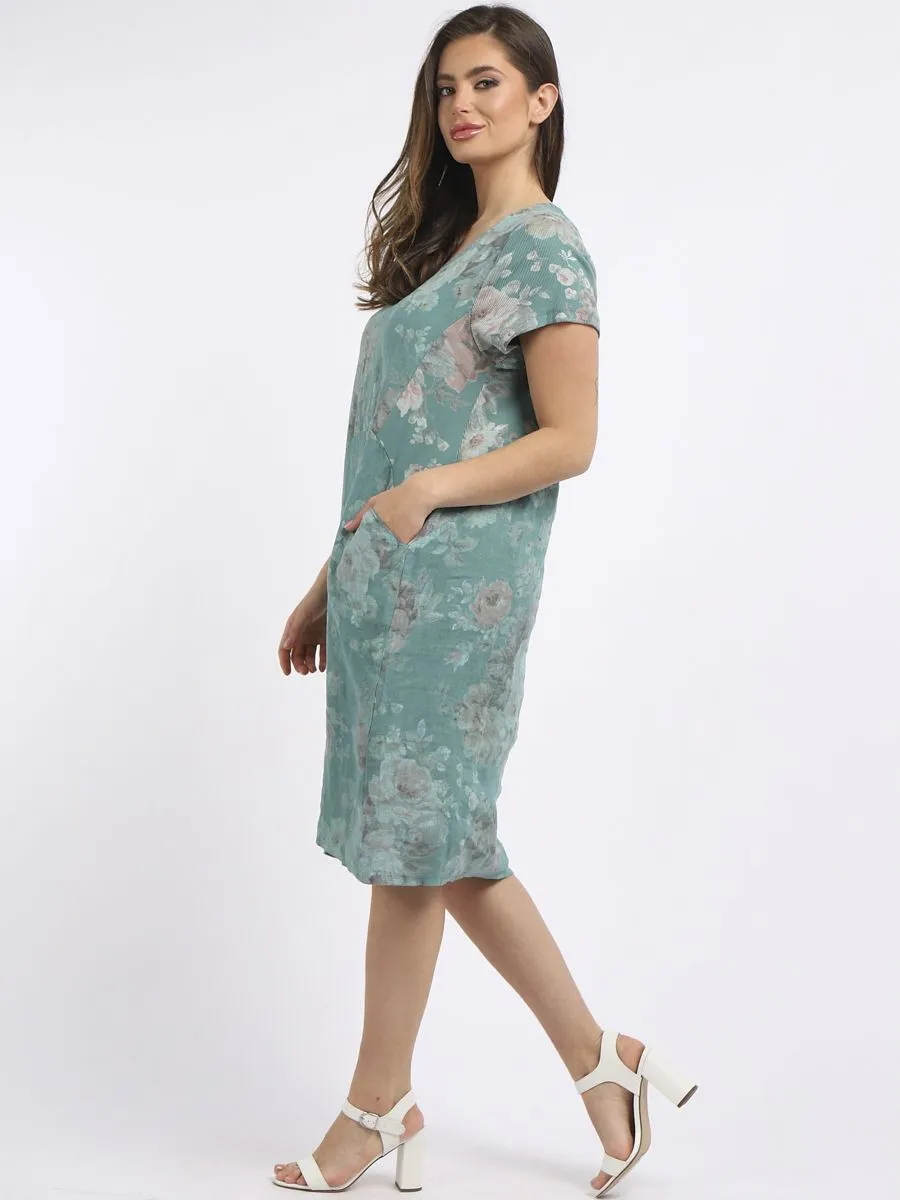 Italian Classic Shift Soft Floral Ocean Blue Linen Dress Sz 10-16
