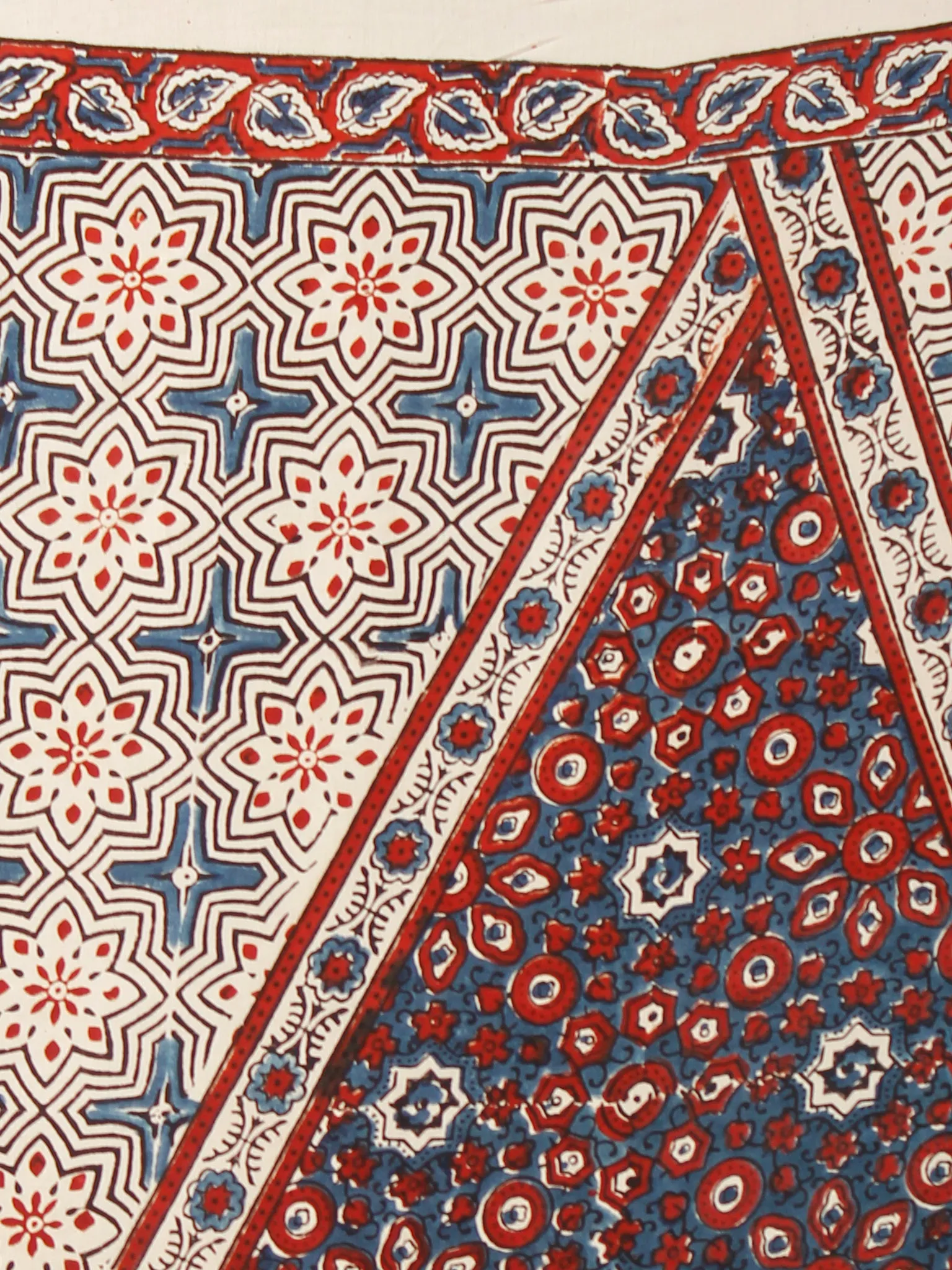 Ivory Indigo Red Ajrakh Hand Block Printed Modal Silk Saree in Natural Colors - S031703373