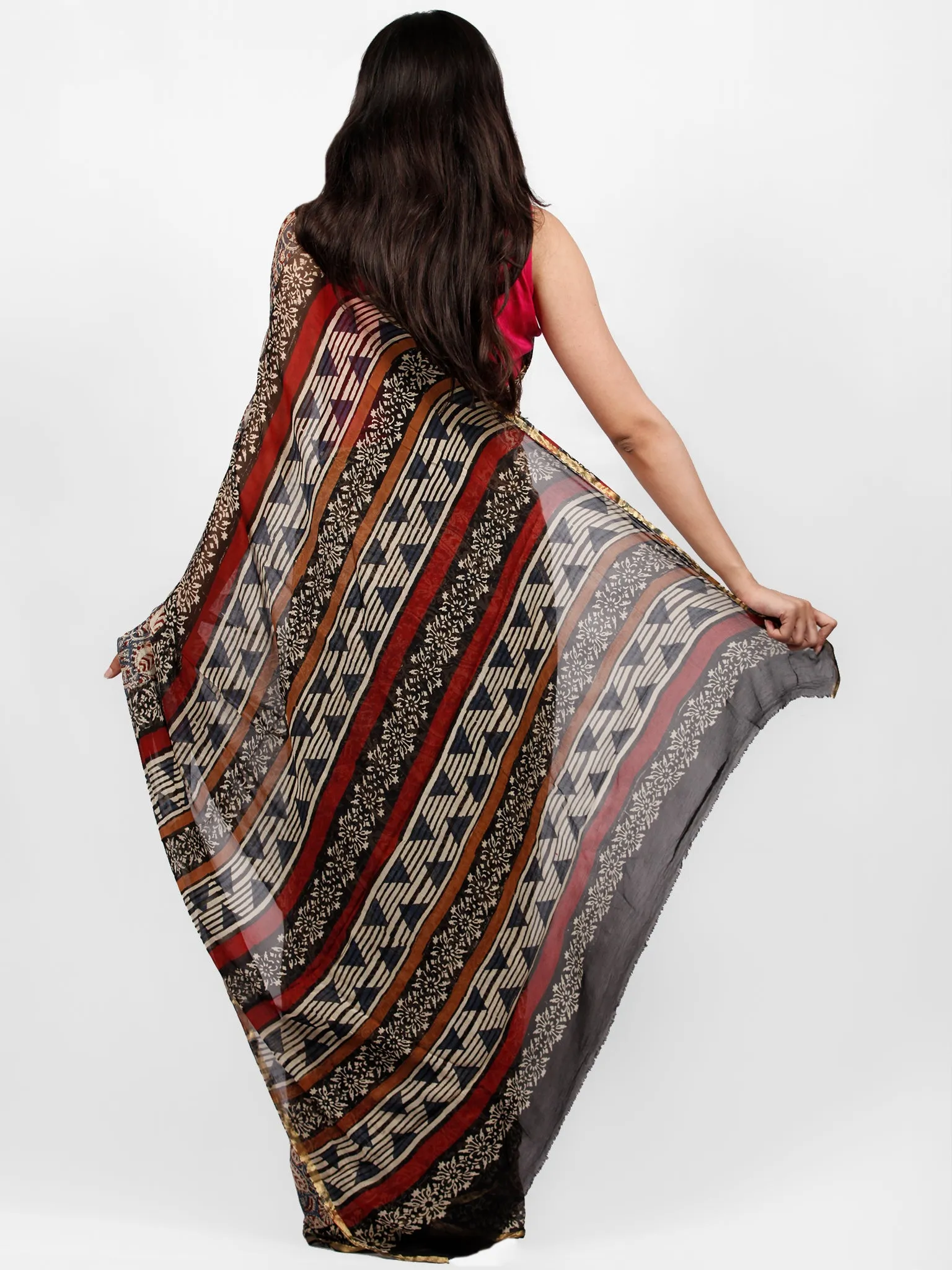 Ivory Indigo Red Black Hand Block Printed Chiffon Saree with Zari Border - S031703235