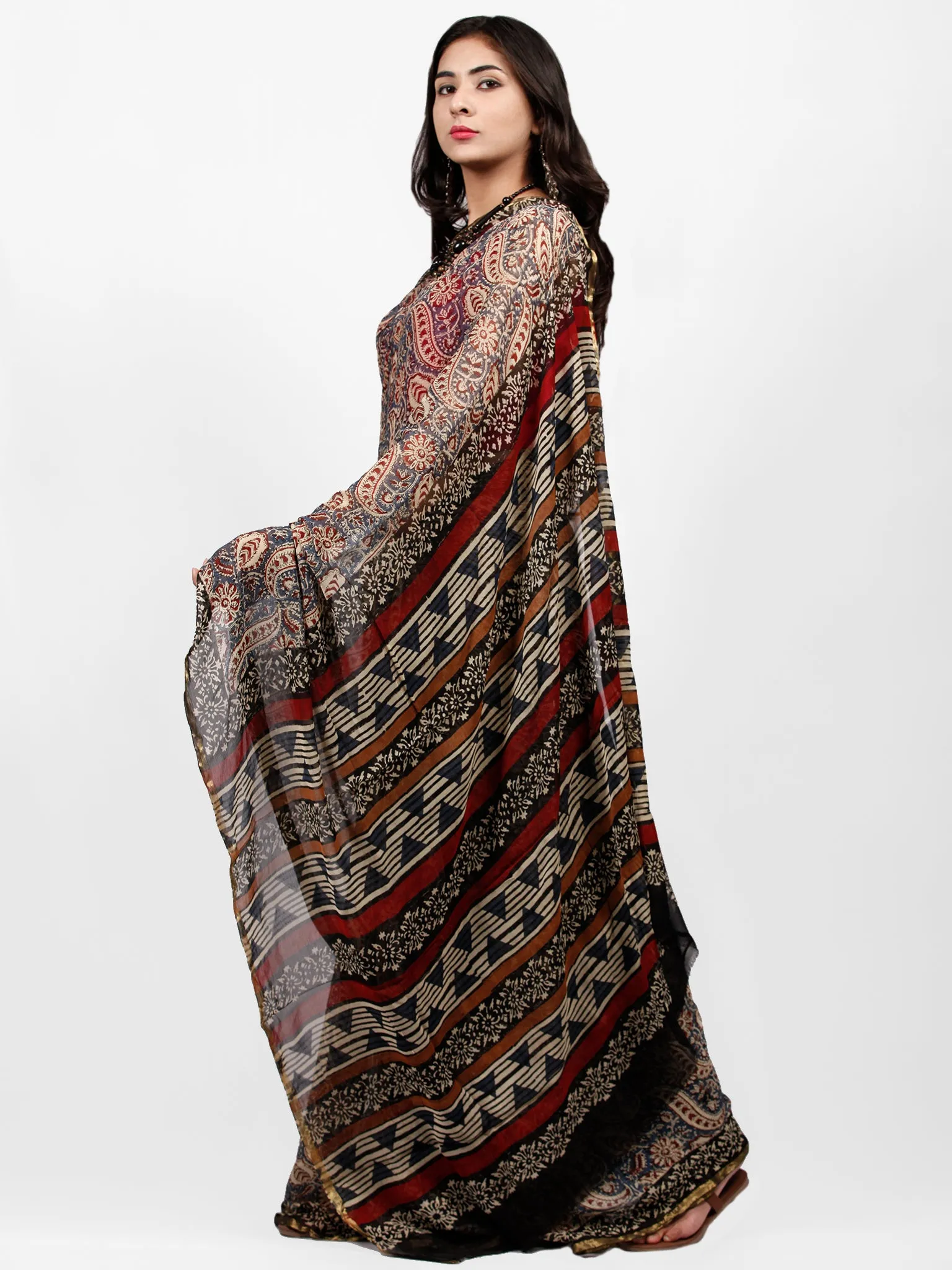 Ivory Indigo Red Black Hand Block Printed Chiffon Saree with Zari Border - S031703235