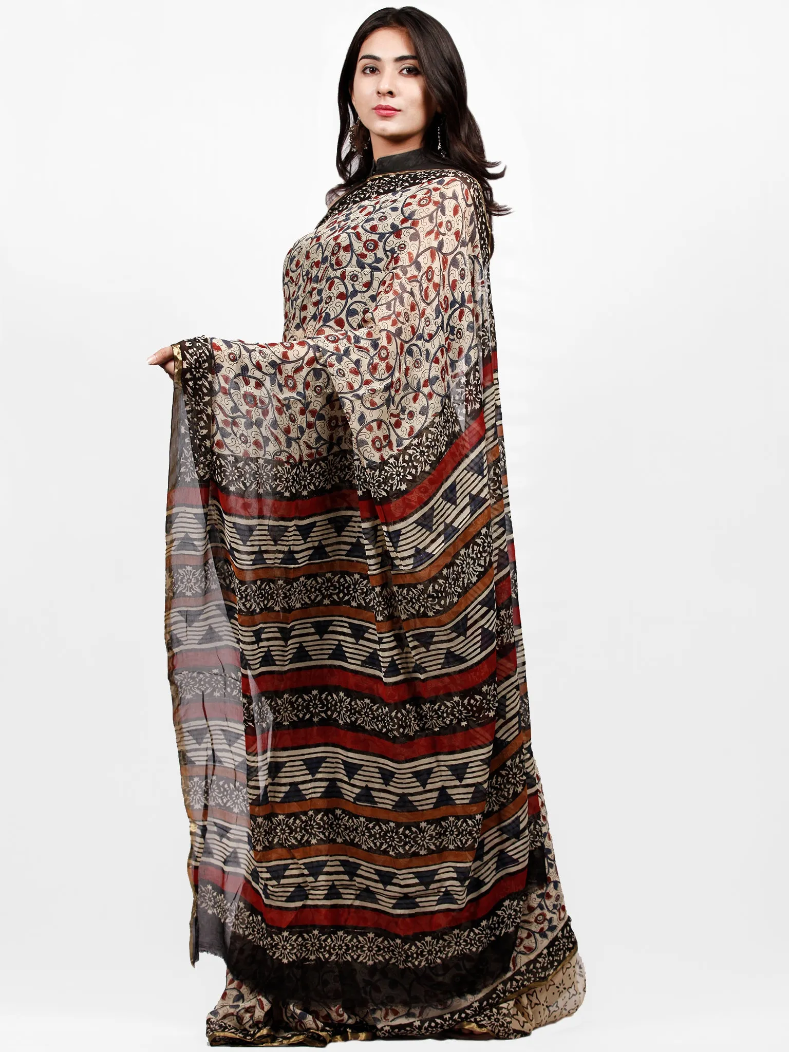 Ivory Indigo Red Hand Block Printed Chiffon Saree with Zari Border - S031703253