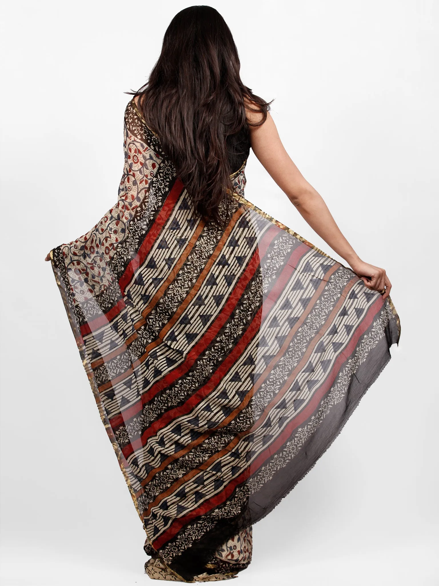 Ivory Indigo Red Hand Block Printed Chiffon Saree with Zari Border - S031703253