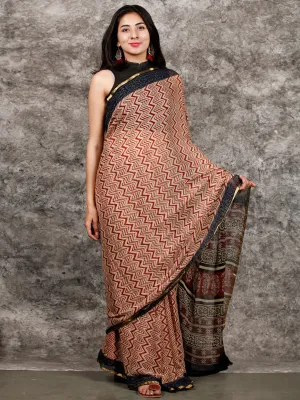 Ivory Red Indigo Black Hand Block Printed Chiffon Saree with Zari Border - S031703215