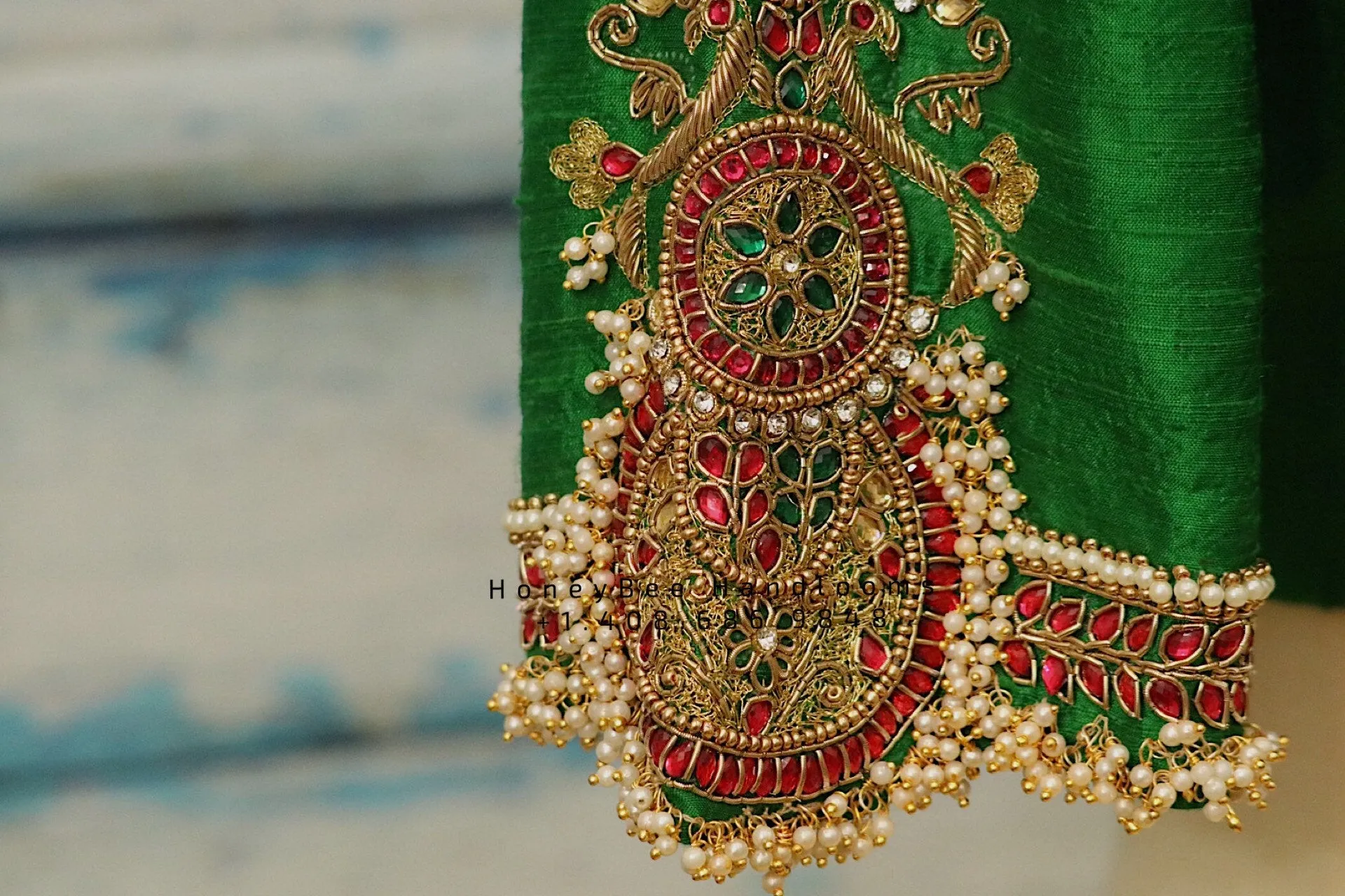 Jewelry work designer blouse - Pattu Saree Blouse -Maggam work blouse - Kundan work blouse - green Saree Blouse - green Blouse -tissue saree