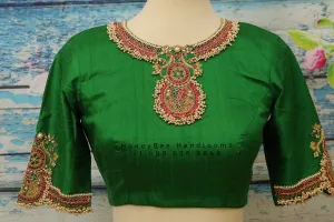 Jewelry work designer blouse - Pattu Saree Blouse -Maggam work blouse - Kundan work blouse - green Saree Blouse - green Blouse -tissue saree