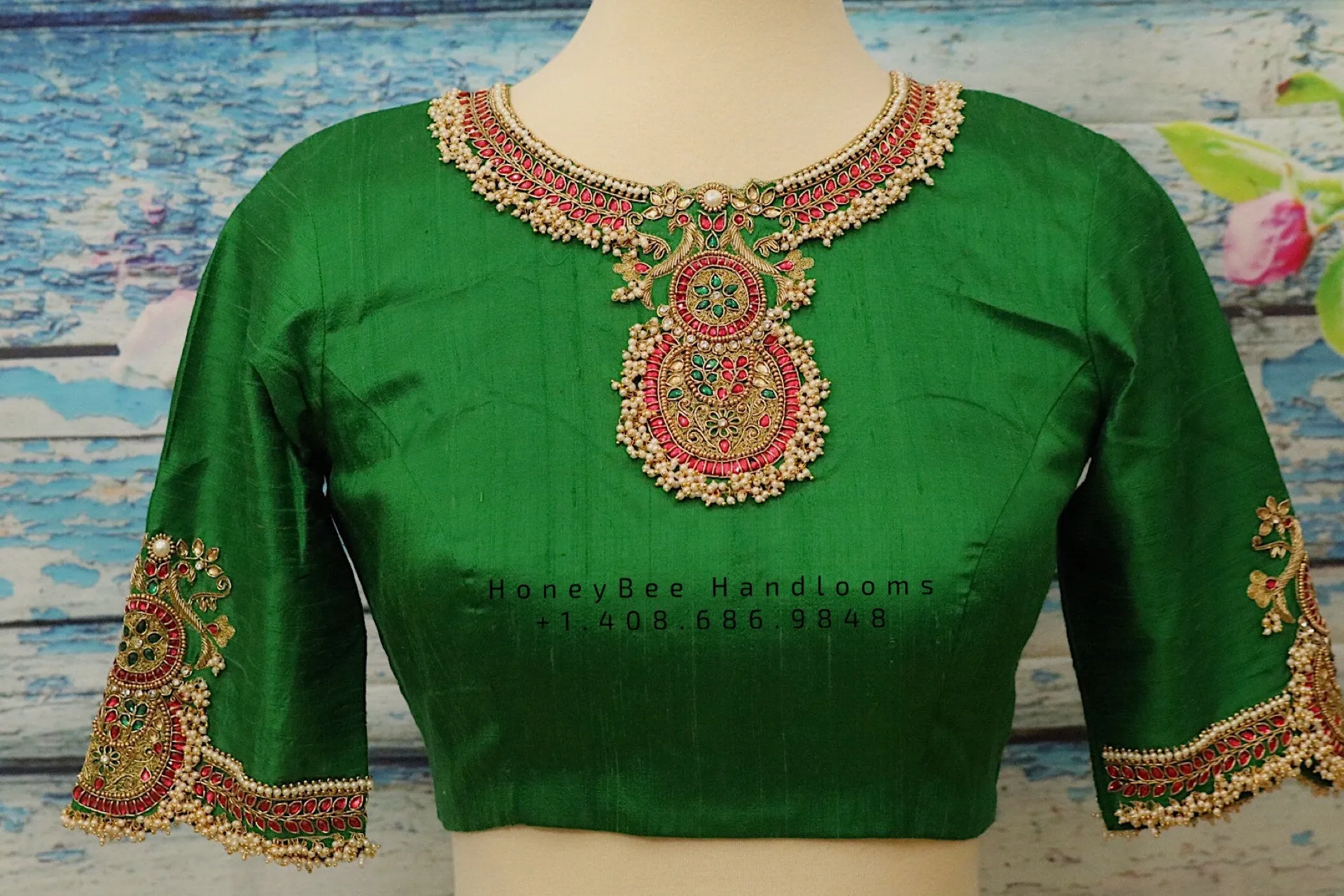 Jewelry work designer blouse - Pattu Saree Blouse -Maggam work blouse - Kundan work blouse - green Saree Blouse - green Blouse -tissue saree