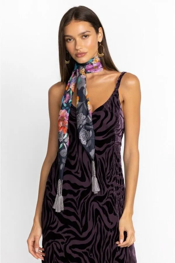 Johnny Was Fall Dance Scarf Flower Silk Tassel Floral Black Pink Grey Large New