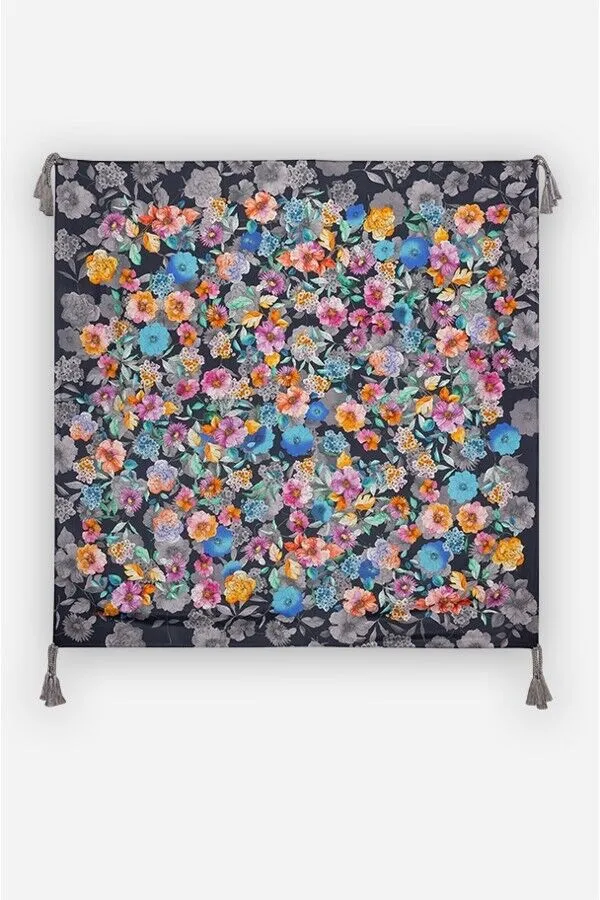 Johnny Was Fall Dance Scarf Flower Silk Tassel Floral Black Pink Grey Large New