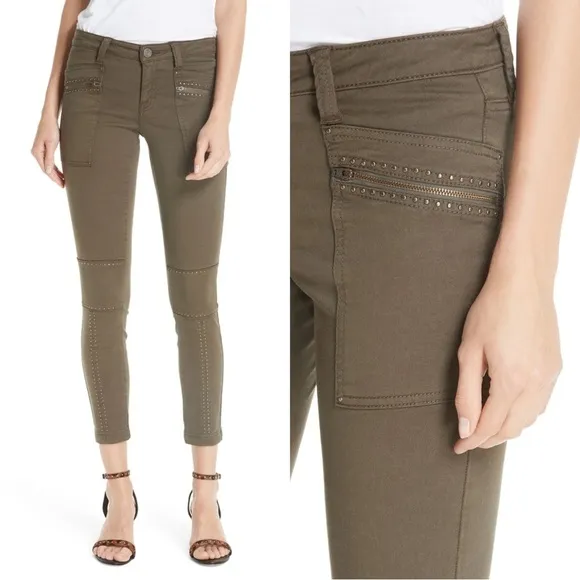 Joie • Hazina Studded Skinny Jeans pants ankle crop zipper Fatigue army green
