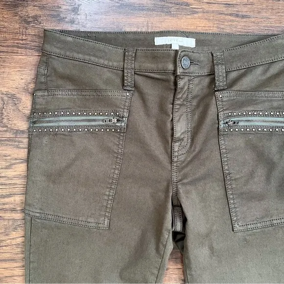 Joie • Hazina Studded Skinny Jeans pants ankle crop zipper Fatigue army green