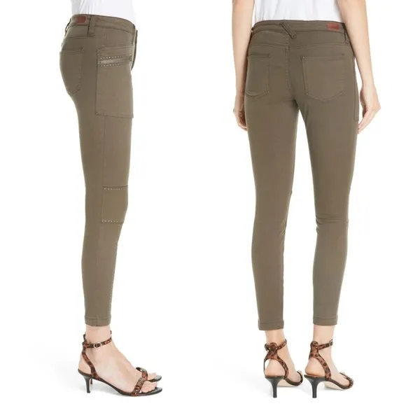 Joie • Hazina Studded Skinny Jeans pants ankle crop zipper Fatigue army green