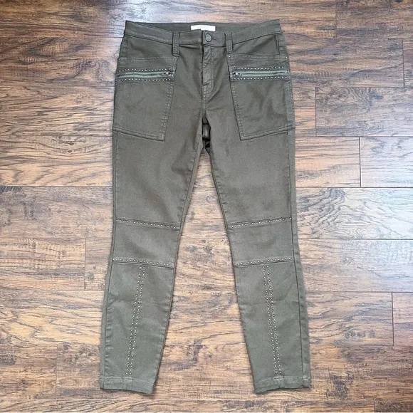 Joie • Hazina Studded Skinny Jeans pants ankle crop zipper Fatigue army green