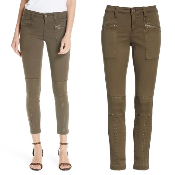 Joie • Hazina Studded Skinny Jeans pants ankle crop zipper Fatigue army green