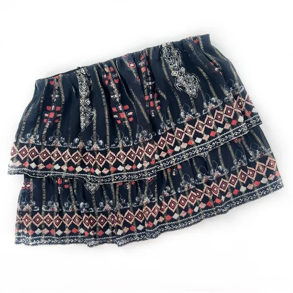 Joie Silk Boho Aztec Metallic Print Two-Tier Mini Skirt Black/Gold Size XS