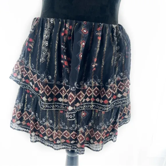 Joie Silk Boho Aztec Metallic Print Two-Tier Mini Skirt Black/Gold Size XS