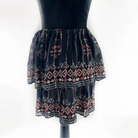 Joie Silk Boho Aztec Metallic Print Two-Tier Mini Skirt Black/Gold Size XS
