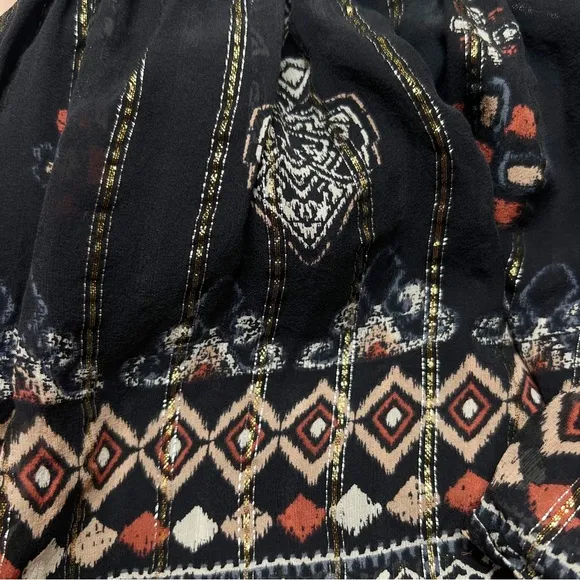 Joie Silk Boho Aztec Metallic Print Two-Tier Mini Skirt Black/Gold Size XS