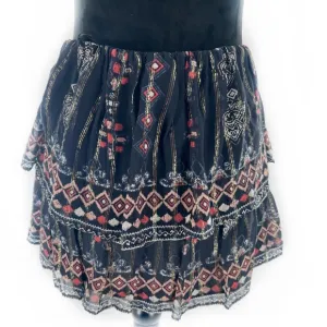 Joie Silk Boho Aztec Metallic Print Two-Tier Mini Skirt Black/Gold Size XS