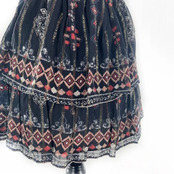 Joie Silk Boho Aztec Metallic Print Two-Tier Mini Skirt Black/Gold Size XS