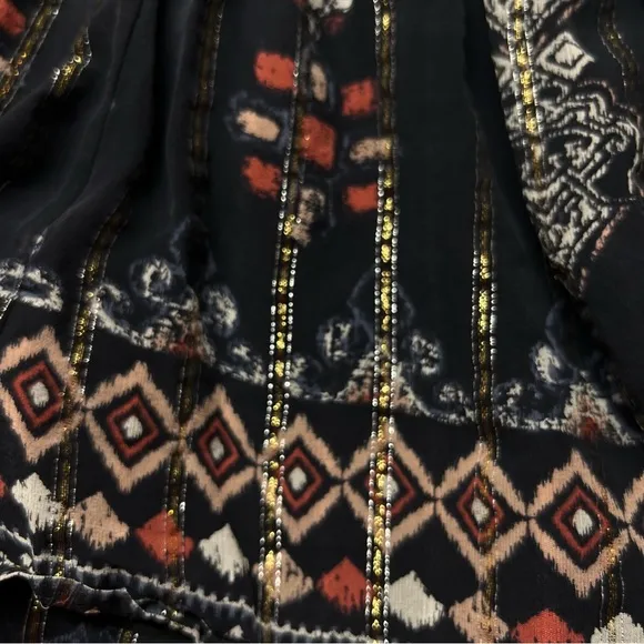 Joie Silk Boho Aztec Metallic Print Two-Tier Mini Skirt Black/Gold Size XS