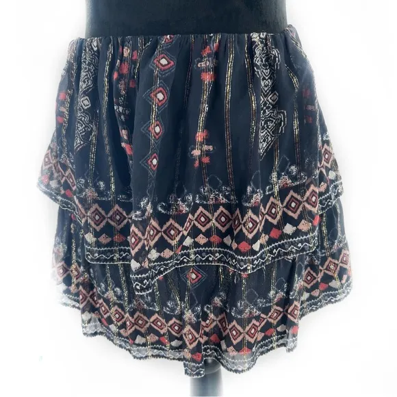 Joie Silk Boho Aztec Metallic Print Two-Tier Mini Skirt Black/Gold Size XS