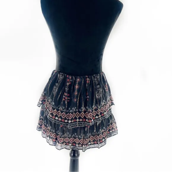 Joie Silk Boho Aztec Metallic Print Two-Tier Mini Skirt Black/Gold Size XS
