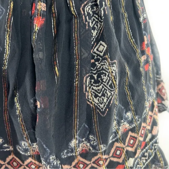 Joie Silk Boho Aztec Metallic Print Two-Tier Mini Skirt Black/Gold Size XS
