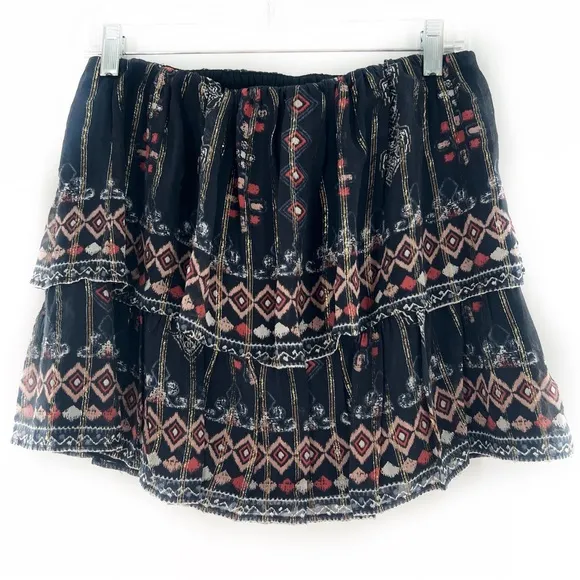 Joie Silk Boho Aztec Metallic Print Two-Tier Mini Skirt Black/Gold Size XS