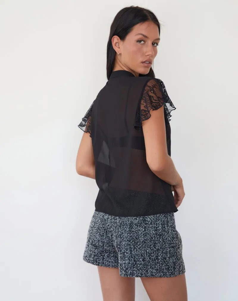 Lada Blouse in Black Chiffon with Lace Trim