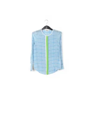 Large check blue print blouse with contrasting stripe