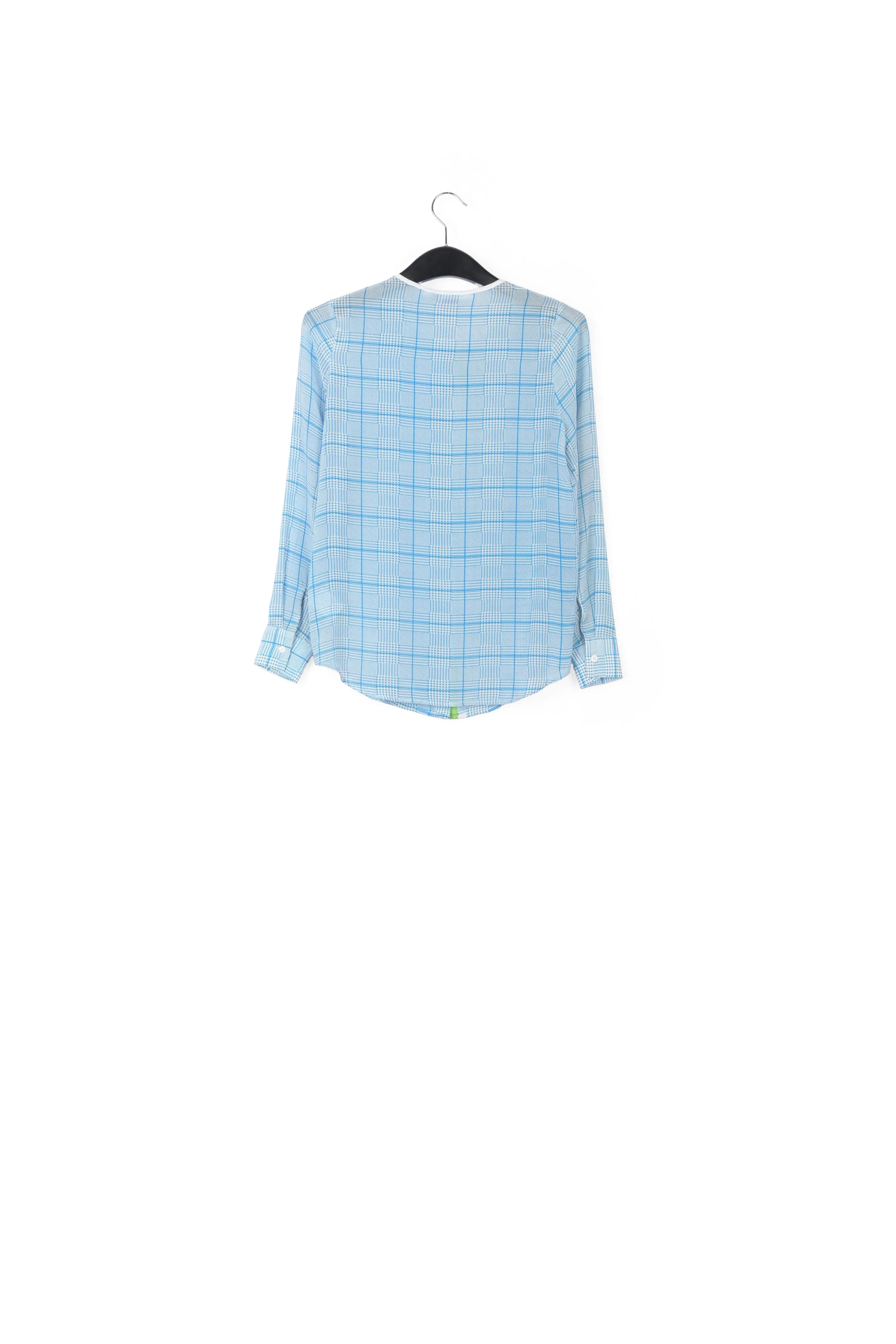 Large check blue print blouse with contrasting stripe