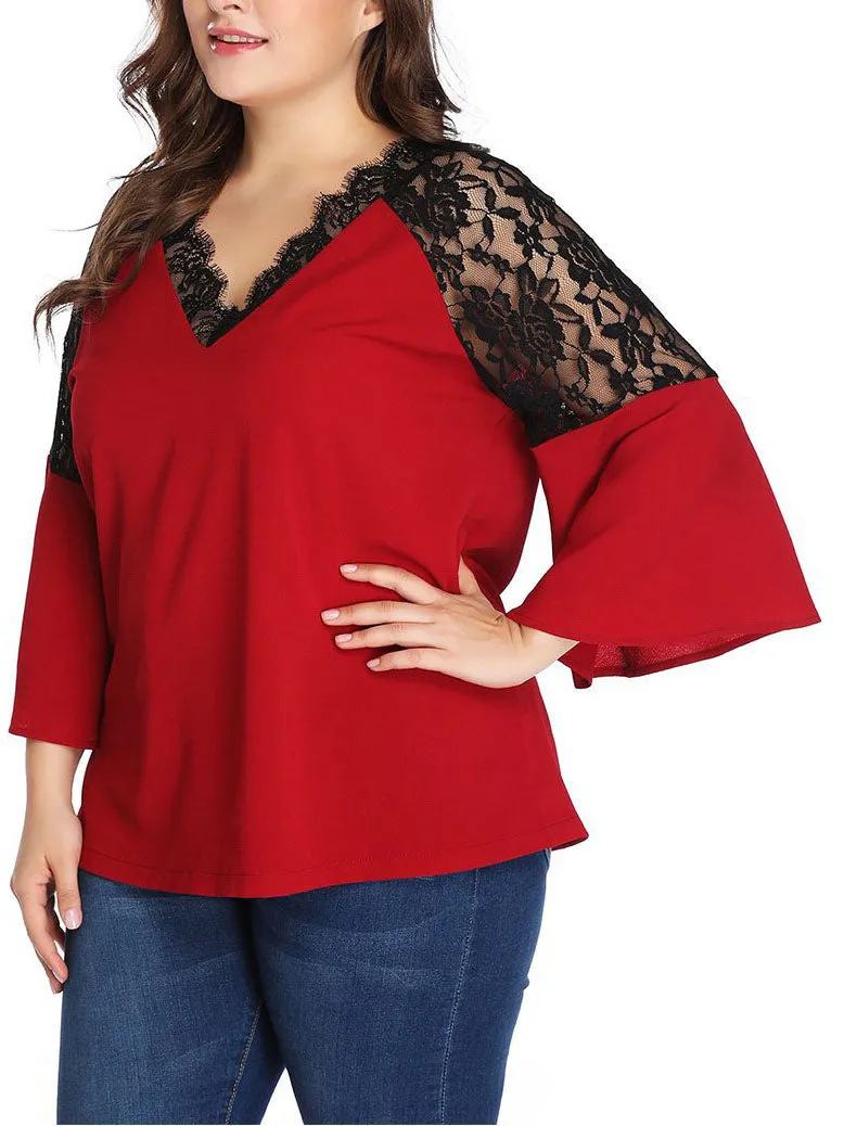 Large Size Lace Contrast Stitching Chiffon Shirt Top