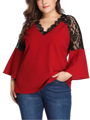 Large Size Lace Contrast Stitching Chiffon Shirt Top