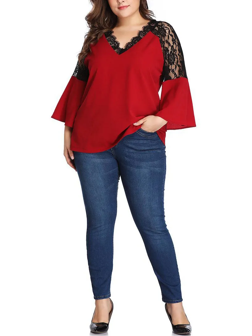 Large Size Lace Contrast Stitching Chiffon Shirt Top