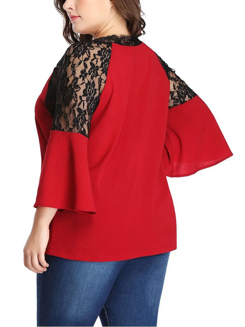 Large Size Lace Contrast Stitching Chiffon Shirt Top