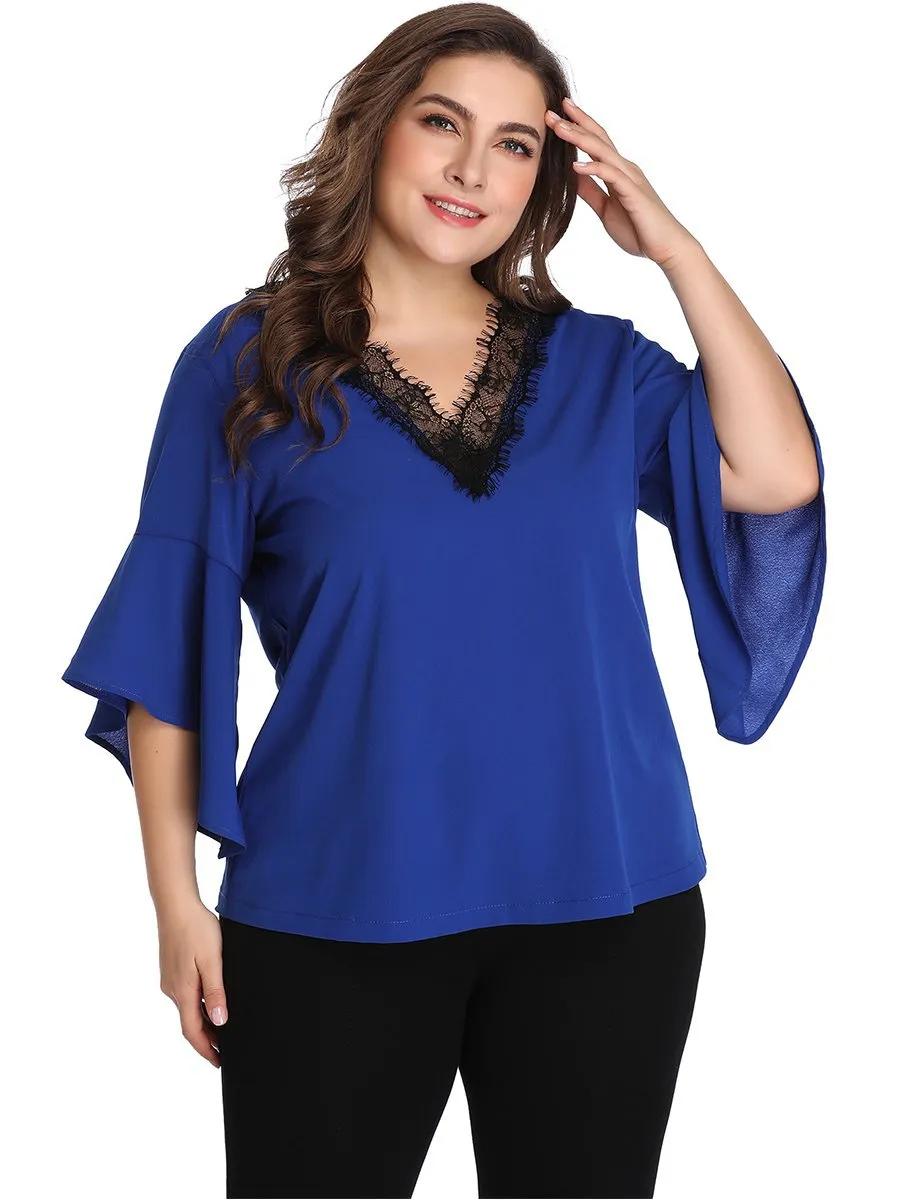 Large Size Lace Contrast Stitching V-neck Chiffon Shirt Top