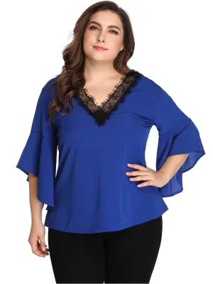 Large Size Lace Contrast Stitching V-neck Chiffon Shirt Top