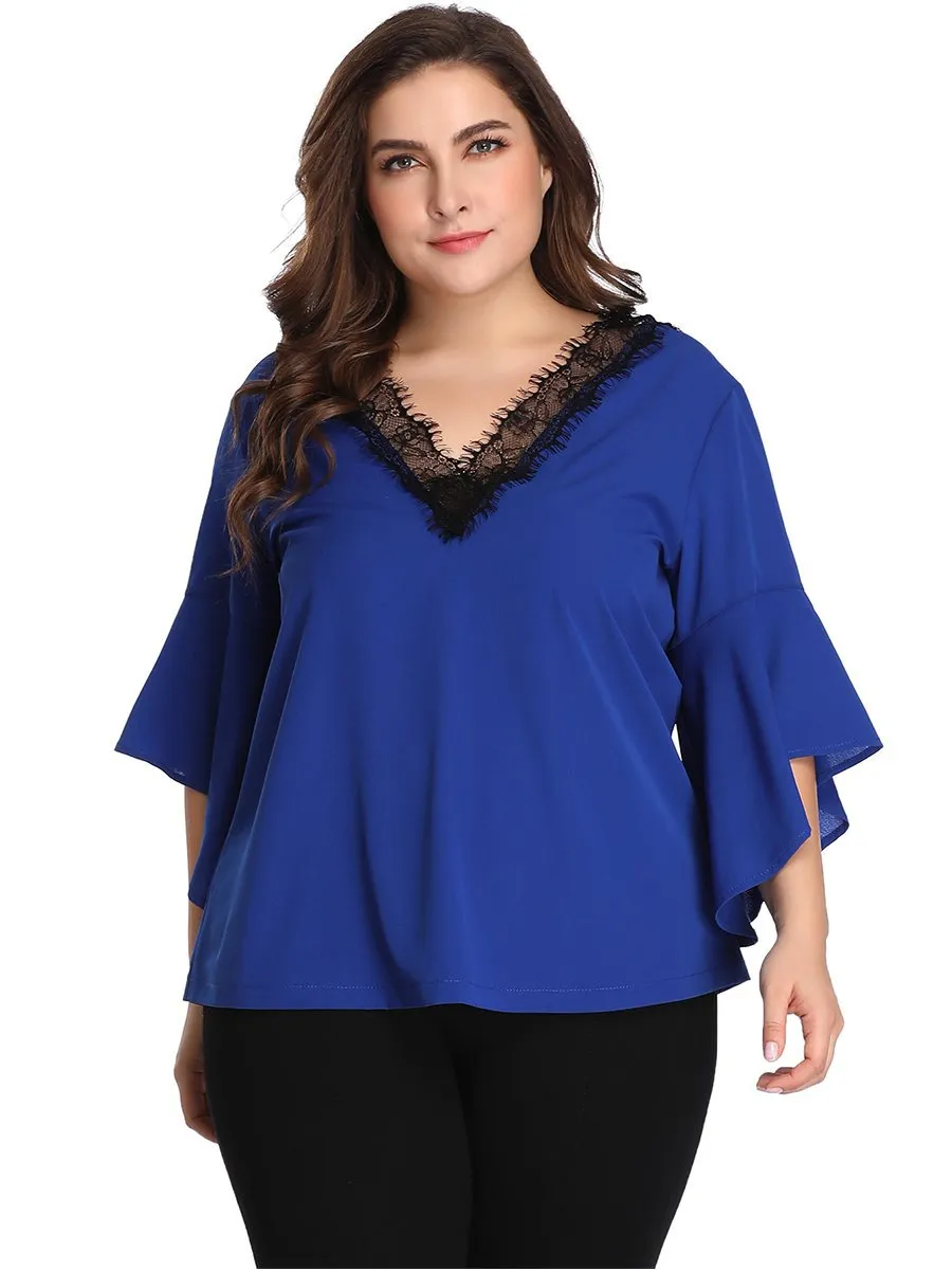 Large Size Lace Contrast Stitching V-neck Chiffon Shirt Top