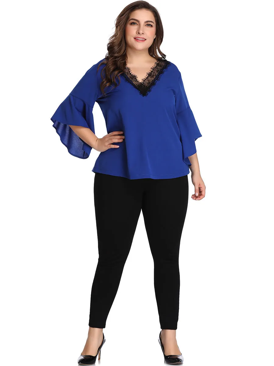 Large Size Lace Contrast Stitching V-neck Chiffon Shirt Top