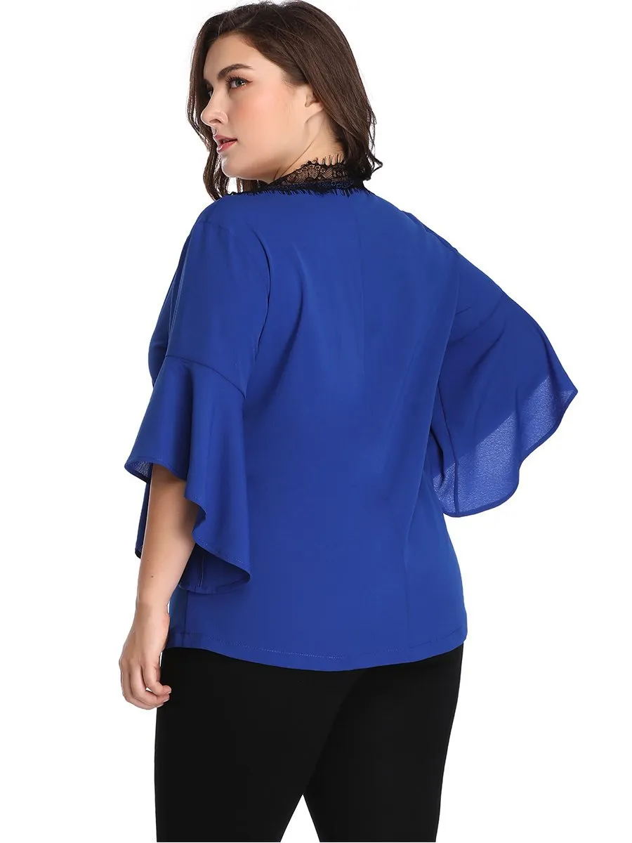 Large Size Lace Contrast Stitching V-neck Chiffon Shirt Top