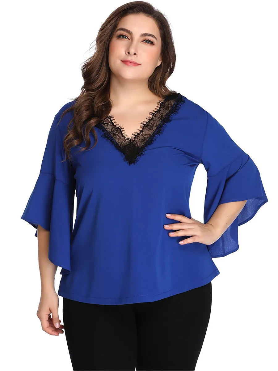 Large Size Lace Contrast Stitching V-neck Chiffon Shirt Top