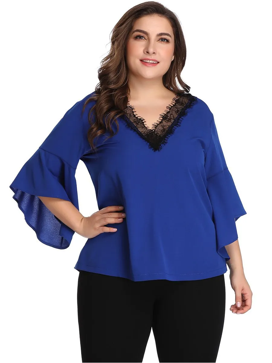 Large Size Lace Contrast Stitching V-neck Chiffon Shirt Top