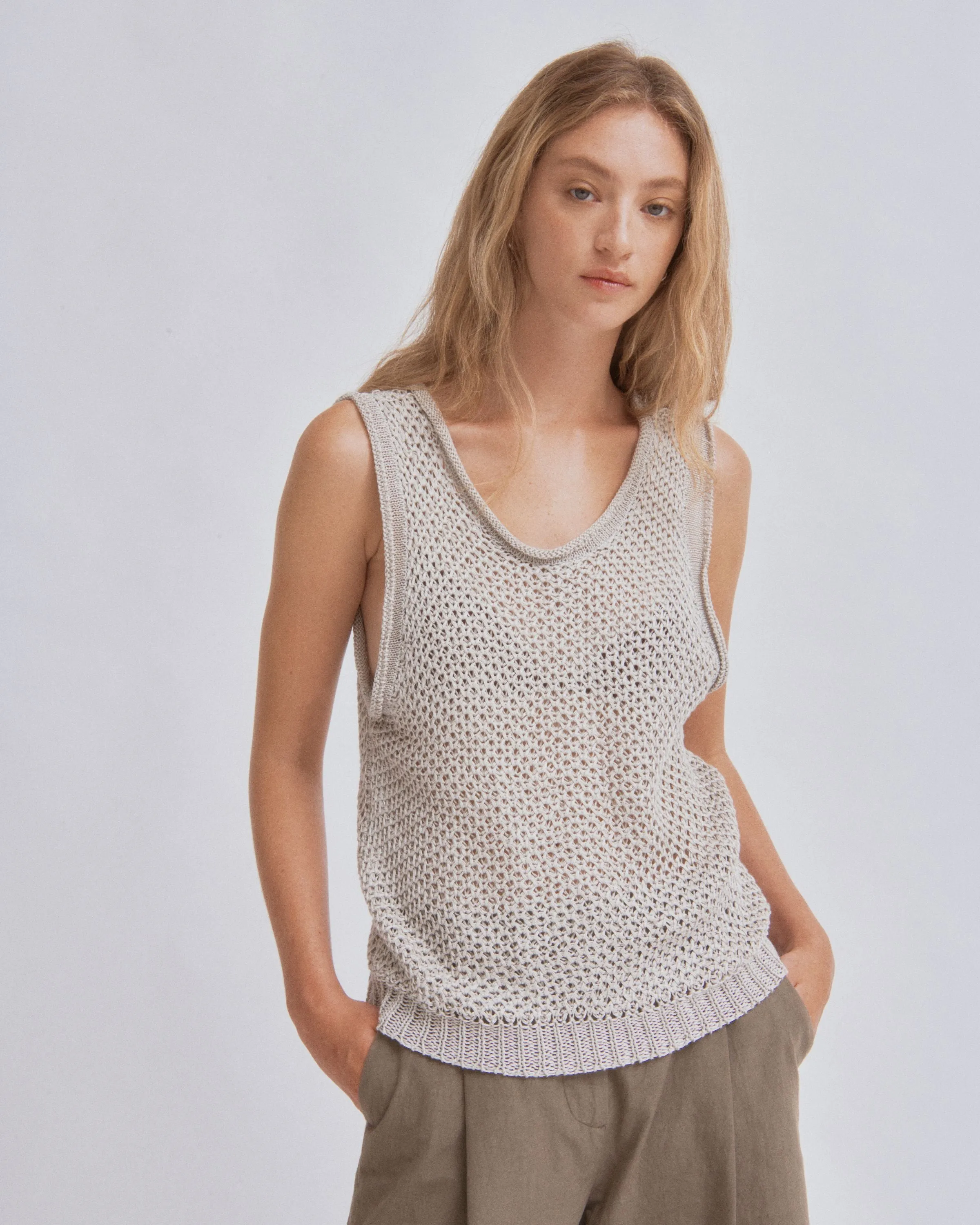 Linen Knit Tank in Sand