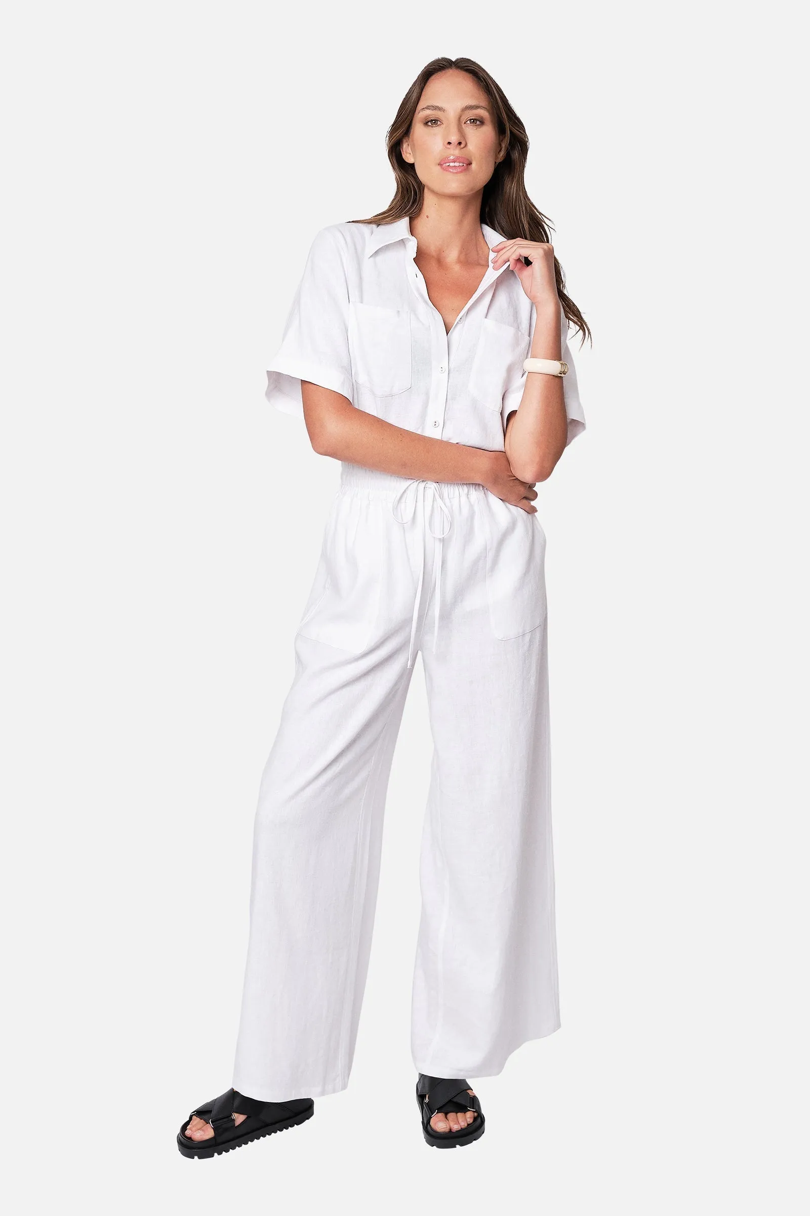 Linen Short Sleeve Button-Up Shirt WHITE