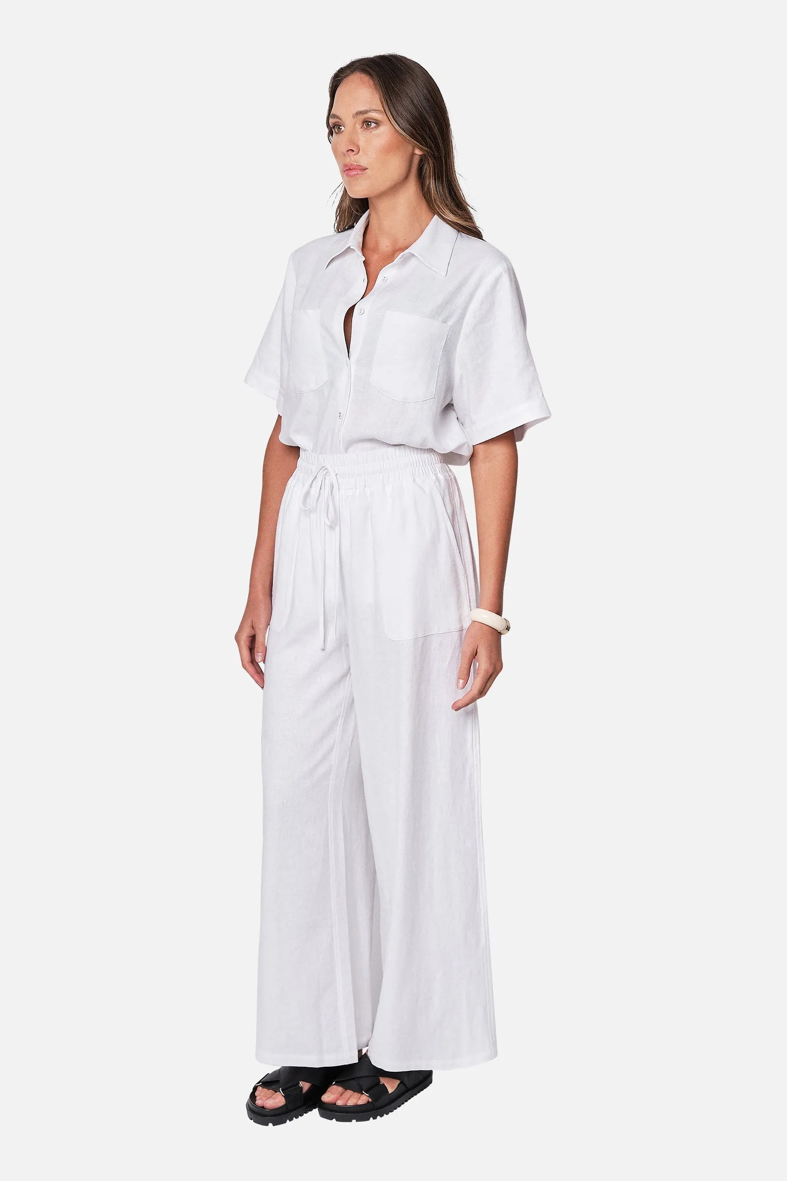 Linen Short Sleeve Button-Up Shirt WHITE