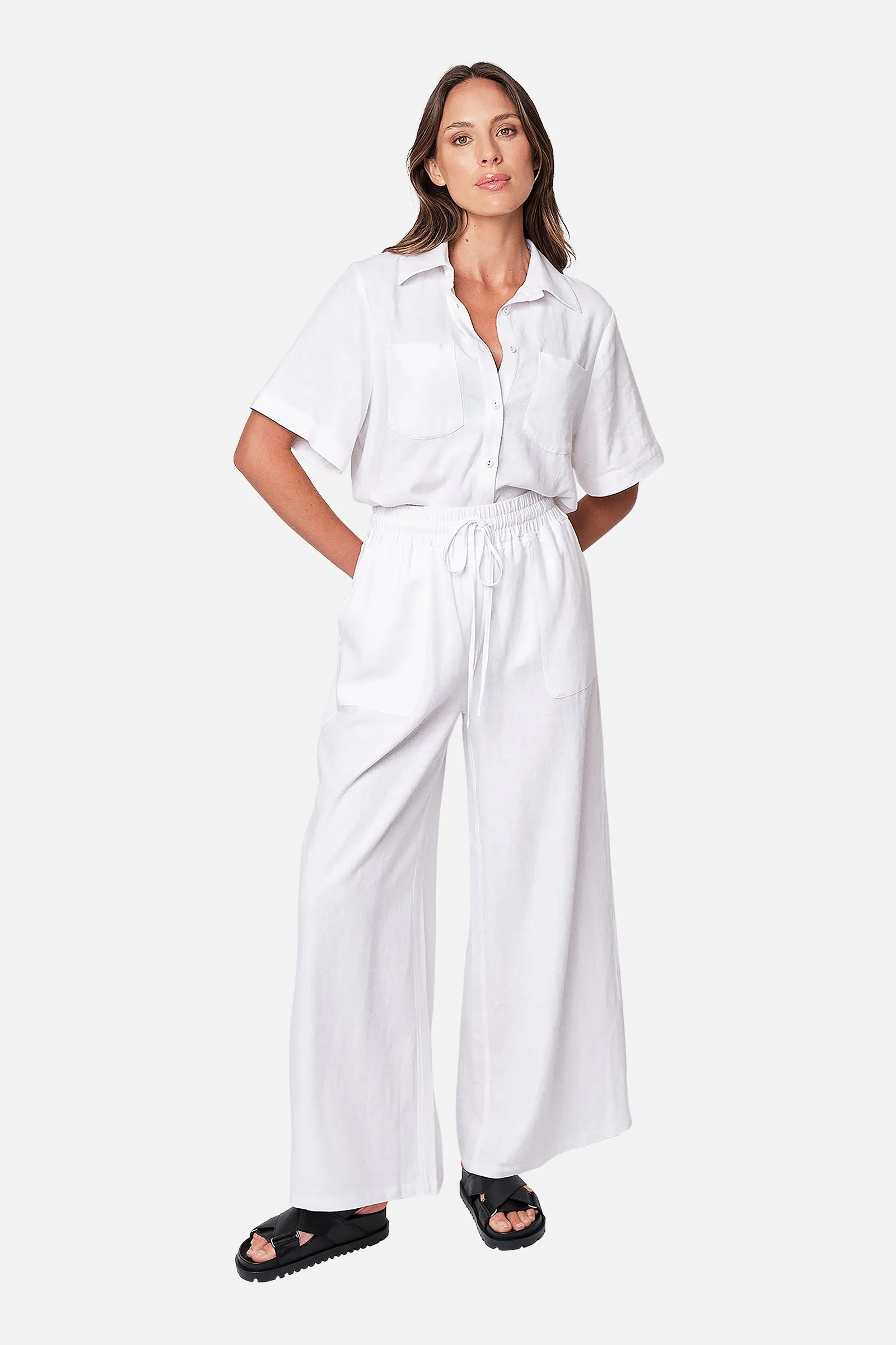 Linen Short Sleeve Button-Up Shirt WHITE