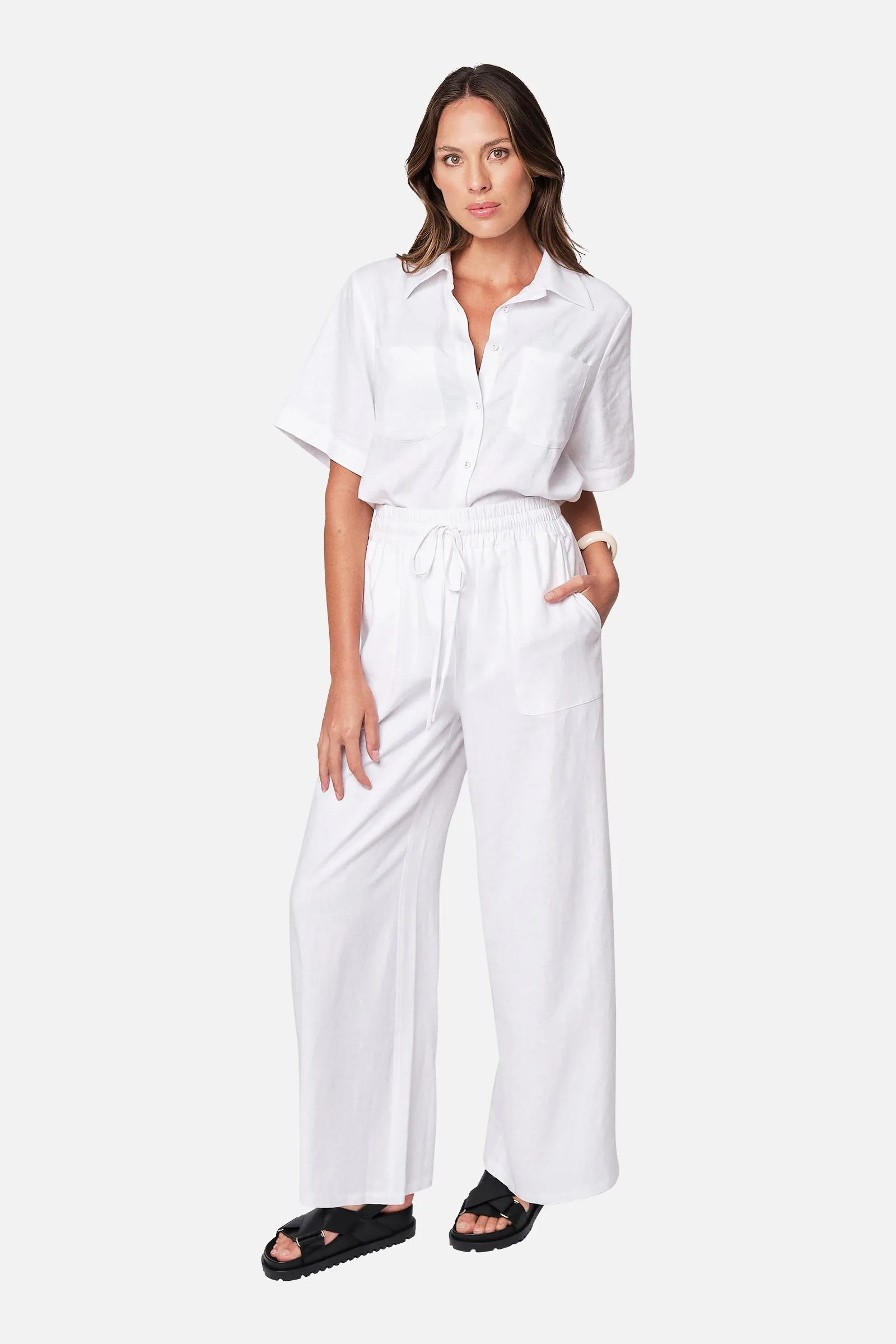 Linen Short Sleeve Button-Up Shirt WHITE